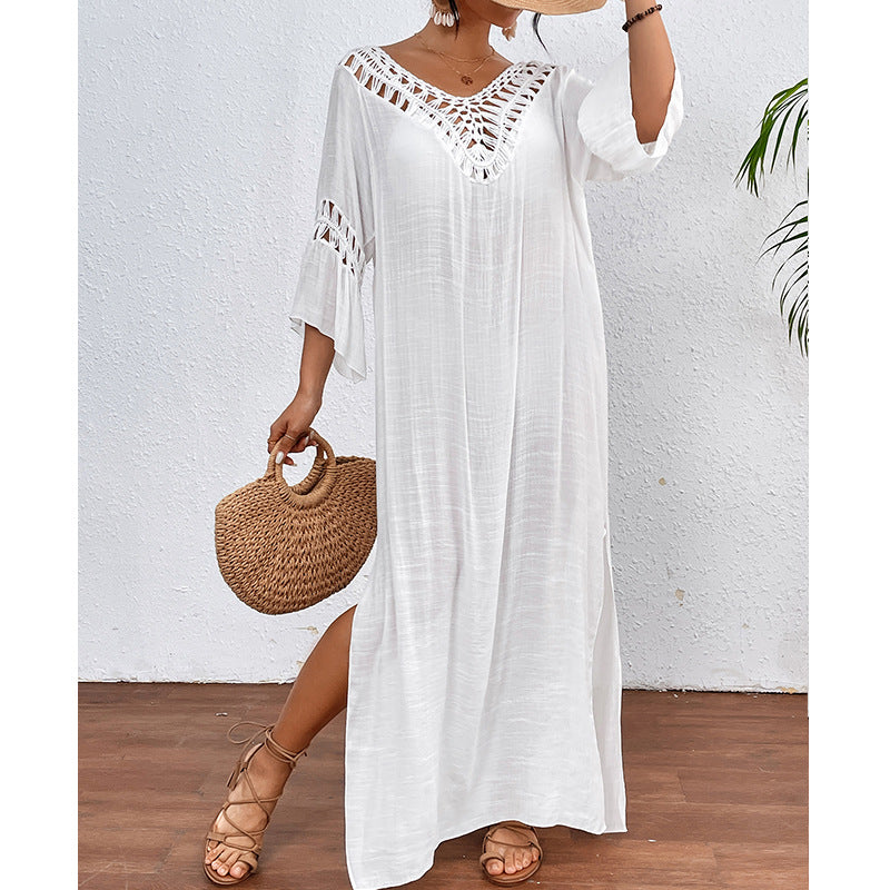 Women Clothing Hand Crocheting Stitching Colorful Ball Sexy Hollow Out Cutout out Backless Loose Beach Long Overskirt Bella Mia