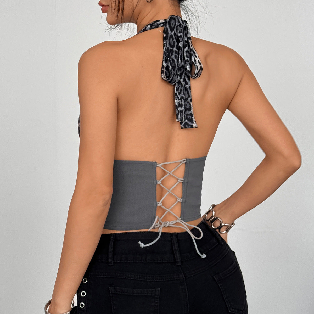 Sexy Leopard Splicing Sexy Halter Deep V Plunge Boning Corset Inner Button Slim Fit Tank Top Women Bella Mia