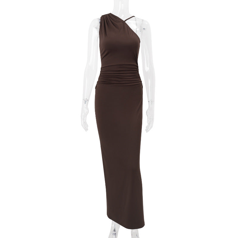 Women Clothing Summer Sexy Slant Shoulder High Waist Slim Fit Slimming Solid Color Sheath Dress Bella Mia