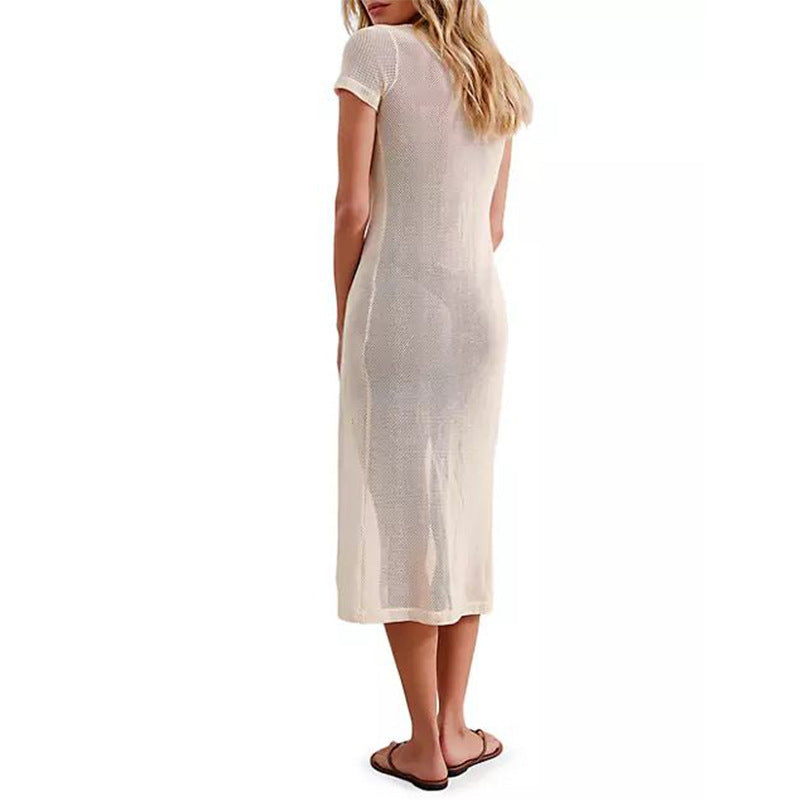 Summer Beach Dress Women Solid Color Sexy Hollow Out Cutout Beach Bikini Swimsuit Cover up Sun Protection Clothing Bella Mia