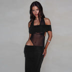 Spring Women Clothing Sexy Halter Mesh Slim Fit Patchwork Backless See through Dress Bella Mia
