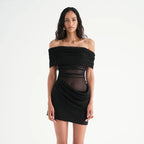 Women Clothing Mesh Stitching off Neck Transparent Slim Fit Sheath Dress Bella Mia