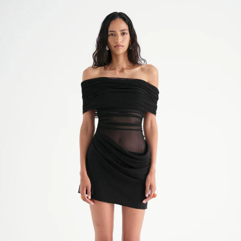 Women Clothing Mesh Stitching off Neck Transparent Slim Fit Sheath Dress Bella Mia