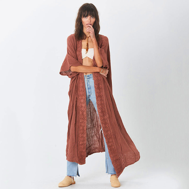 Rust Red Lace Cardigan Loose Beach Sun Protection Coat Beach Cover Up Swimsuit Outwear Women Bella Mia