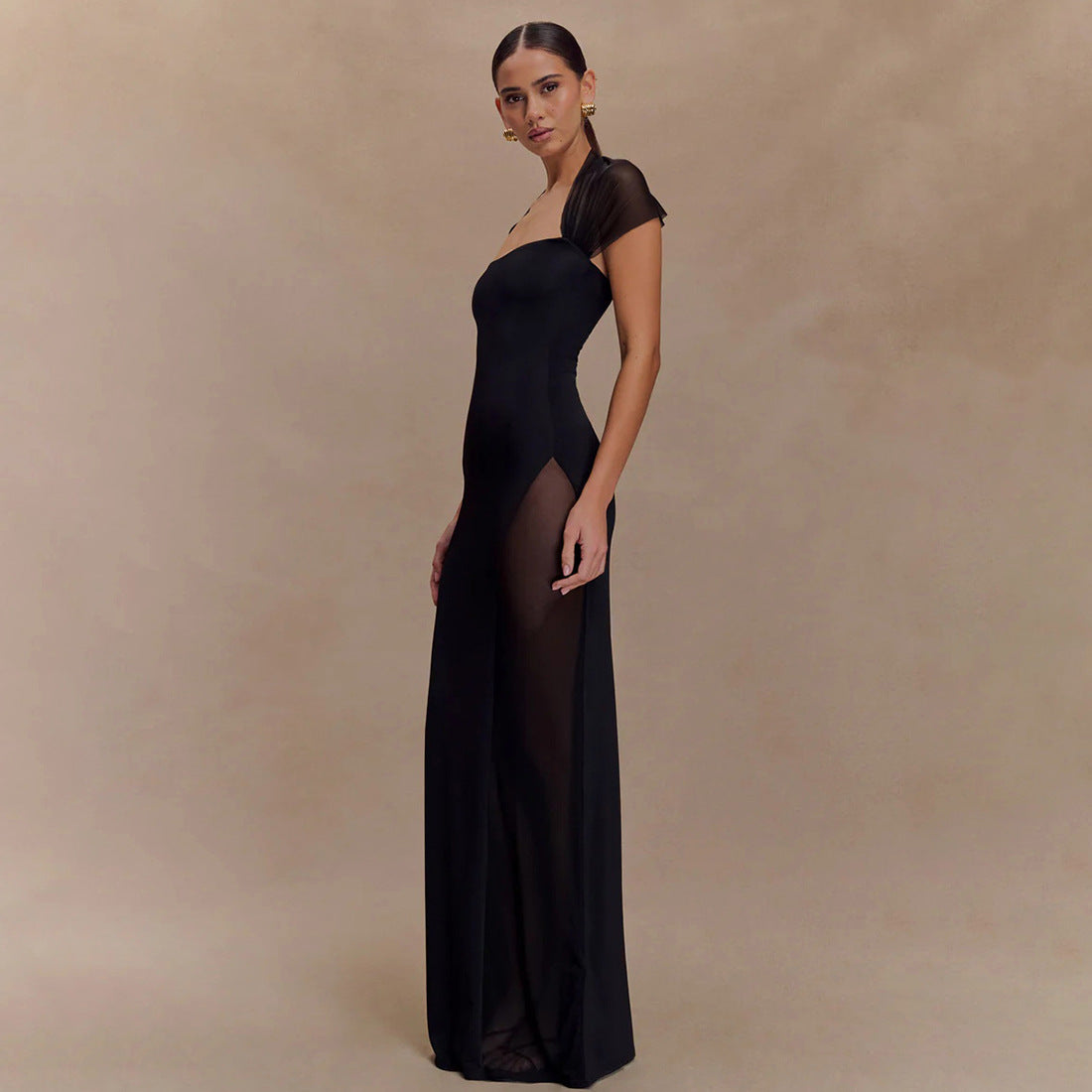 Summer Sexy Tight Waist See through Maxi Dress Elegant Shoulder Baring Solid Color Dress Women Clothing Bella Mia