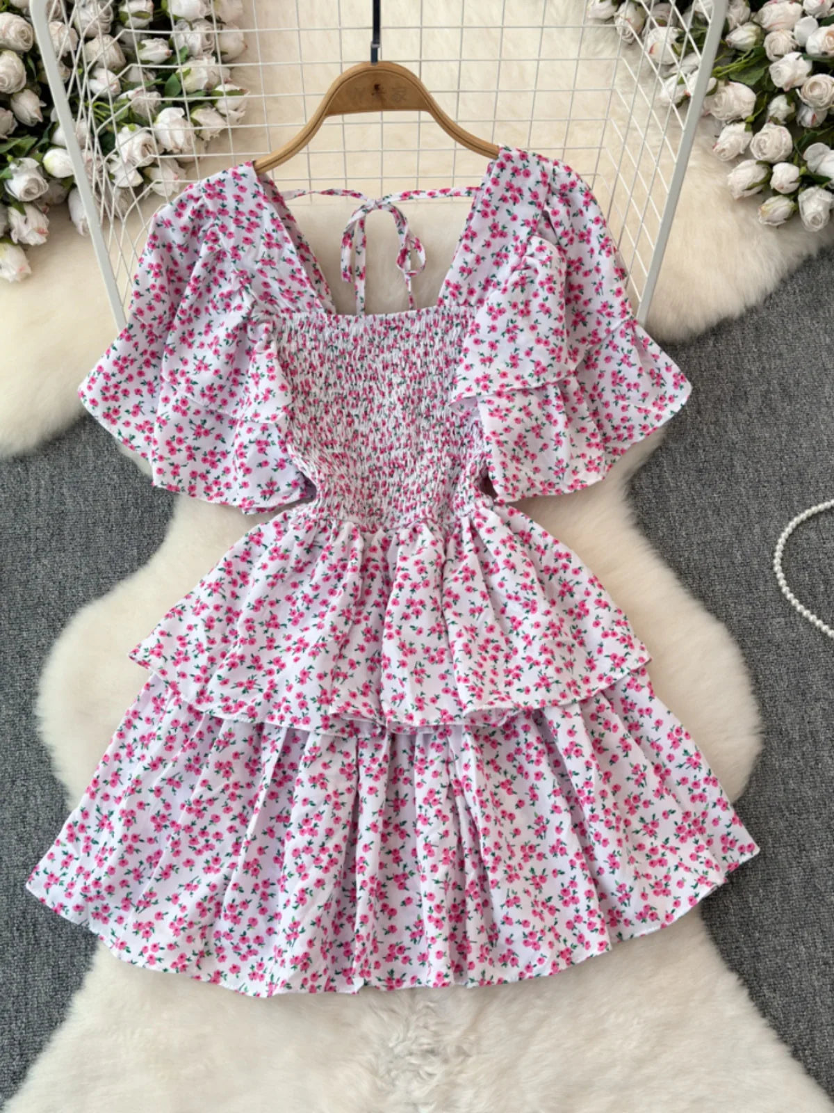 Design Summer Ruffle Sleeve Retro Pleated Floral Skirt