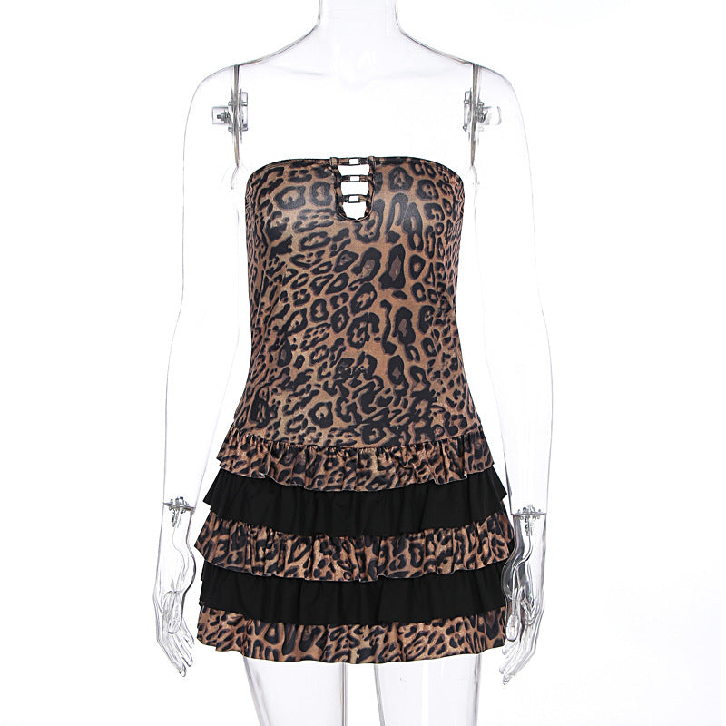 Women Clothing Summer Sexy Tube Top Leopard Print Sleeveless Pleated Short Dress Bella Mia
