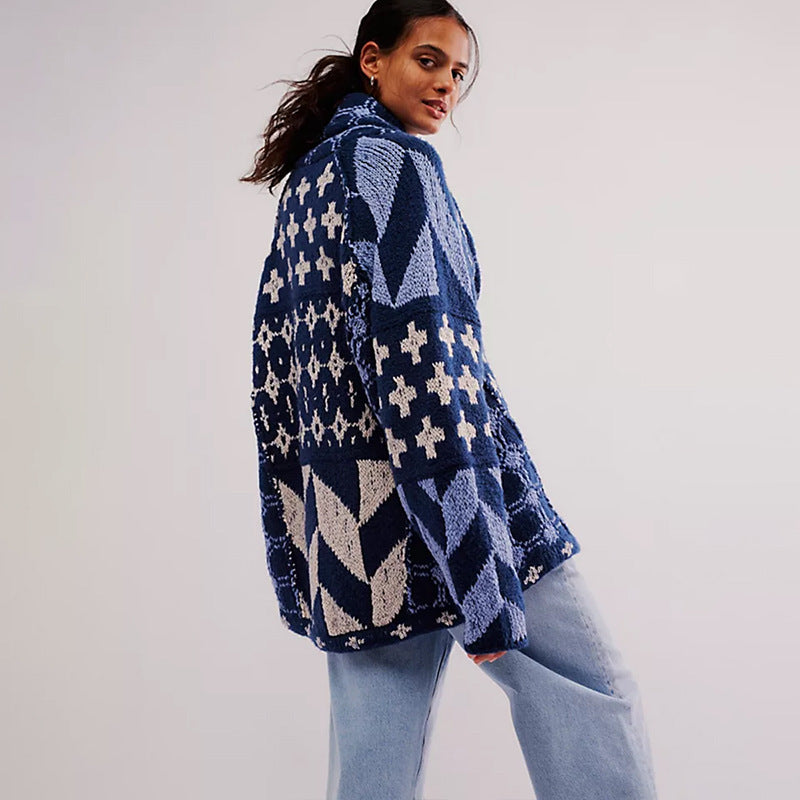 Autumn Winter Knitwear Abstract Printing Collared Loose Long Sleeve Knitted Sweater for Women Bella Mia
