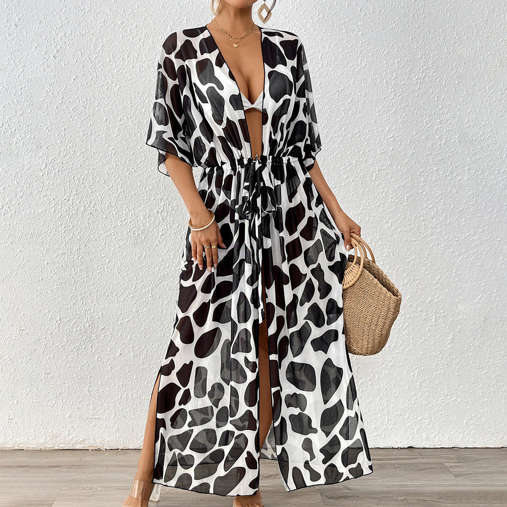 Women Cardigan Women Clothing Batwing Sleeve Lace up Waist Controlled Leopard Print Mesh Beach Beach Cover Up Bella Mia