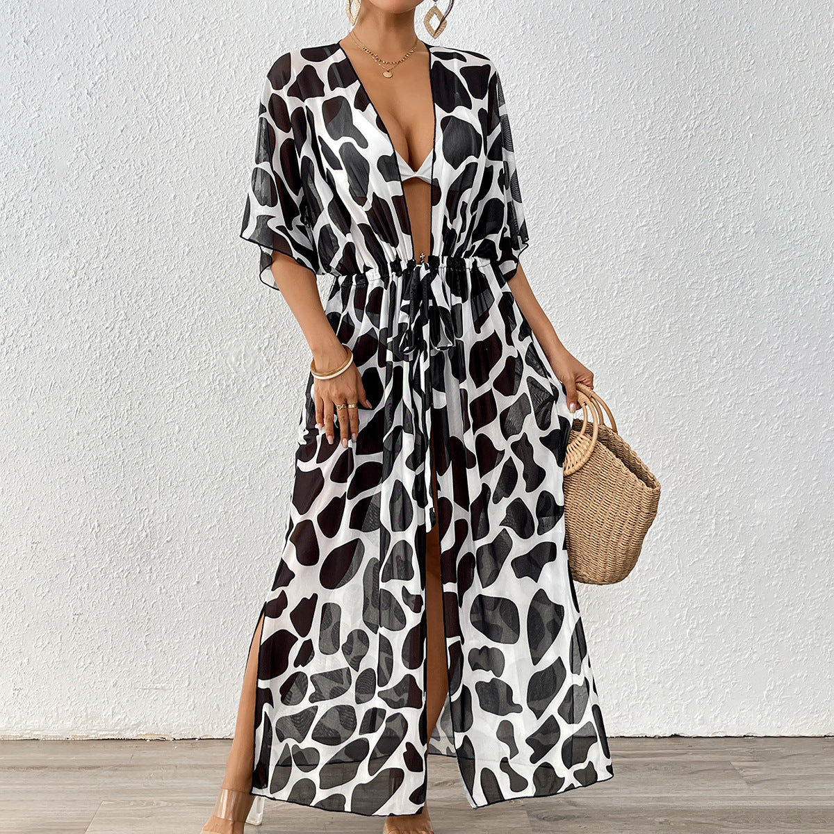 Women Cardigan Women Clothing Batwing Sleeve Lace up Waist Controlled Leopard Print Mesh Beach Beach Cover Up Bella Mia