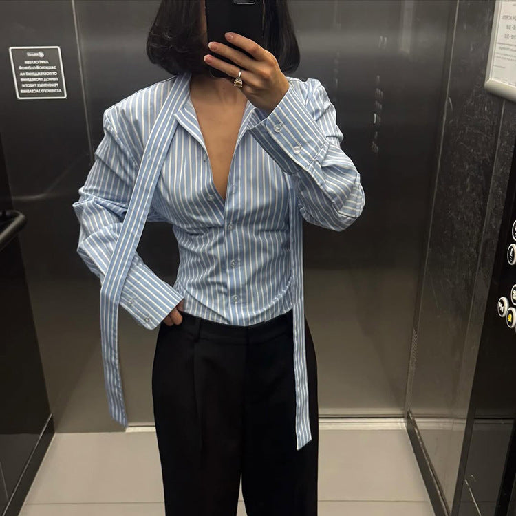 Women Clothing Striped Collared Shirt Women Waist Controlled Long Sleeves Lace up Cardigan Shirt Top Bella Mia