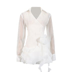 Sexy Lightly Mature Shirt Dress Summer V neck Stitching Floral Ruffled Ribbon Dress Bella Mia