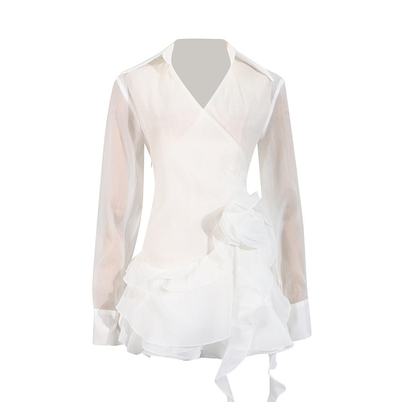 Sexy Lightly Mature Shirt Dress Summer V neck Stitching Floral Ruffled Ribbon Dress Bella Mia