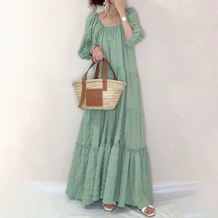 Fresh Square Collar Puff Sleeve Floor Fairy Dress