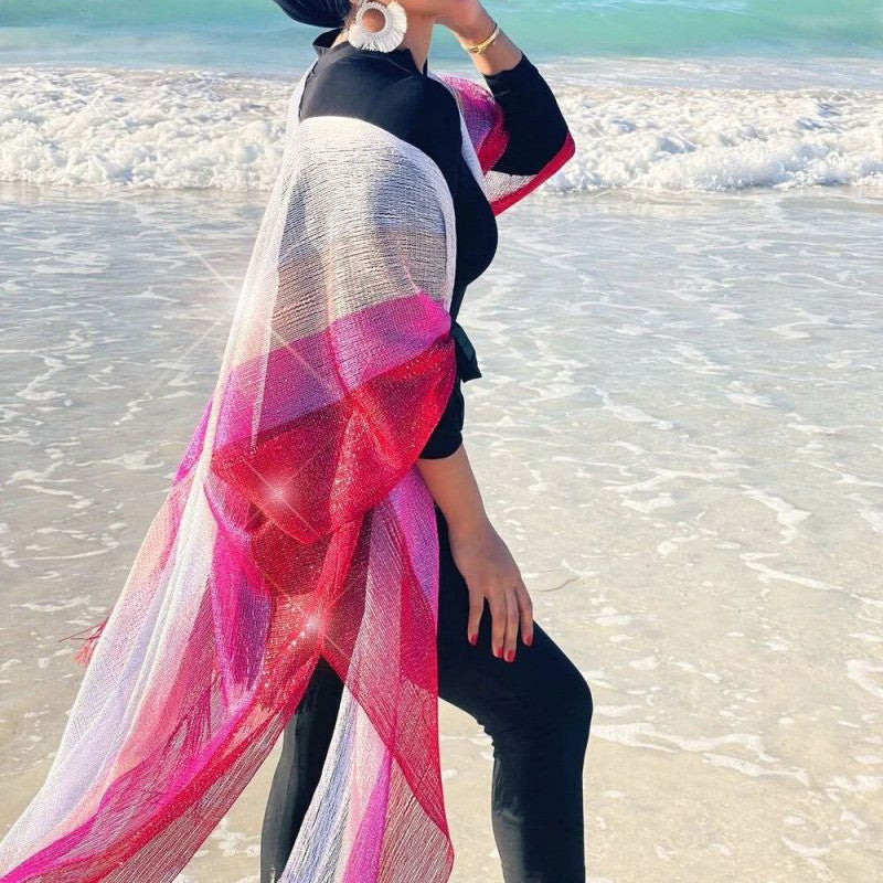 Mesh Color Matching Beach Cover up Sexy Cardigan Loose Fitting Tassel Sun Protection Shirt Beach Cover Up Bella Mia