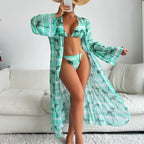 Swimsuit Women Split Three Piece Suit Printing Mesh Red Long Sleeve Sunken Stripe Bikini Swimsuit Bella Mia