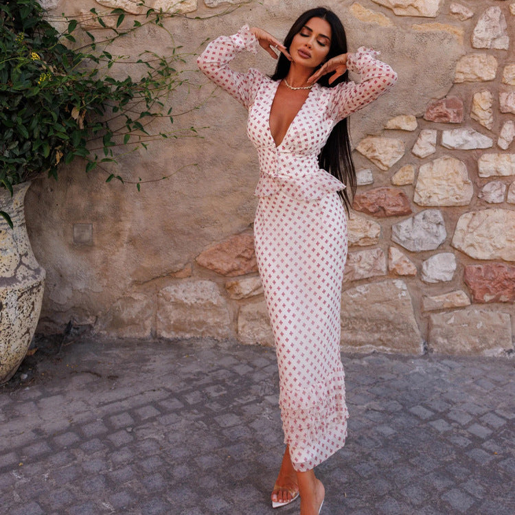 Women Clothing V neck Long Sleeve Waist-Controlled Top Printed Two Piece Skirt Set Bella Mia