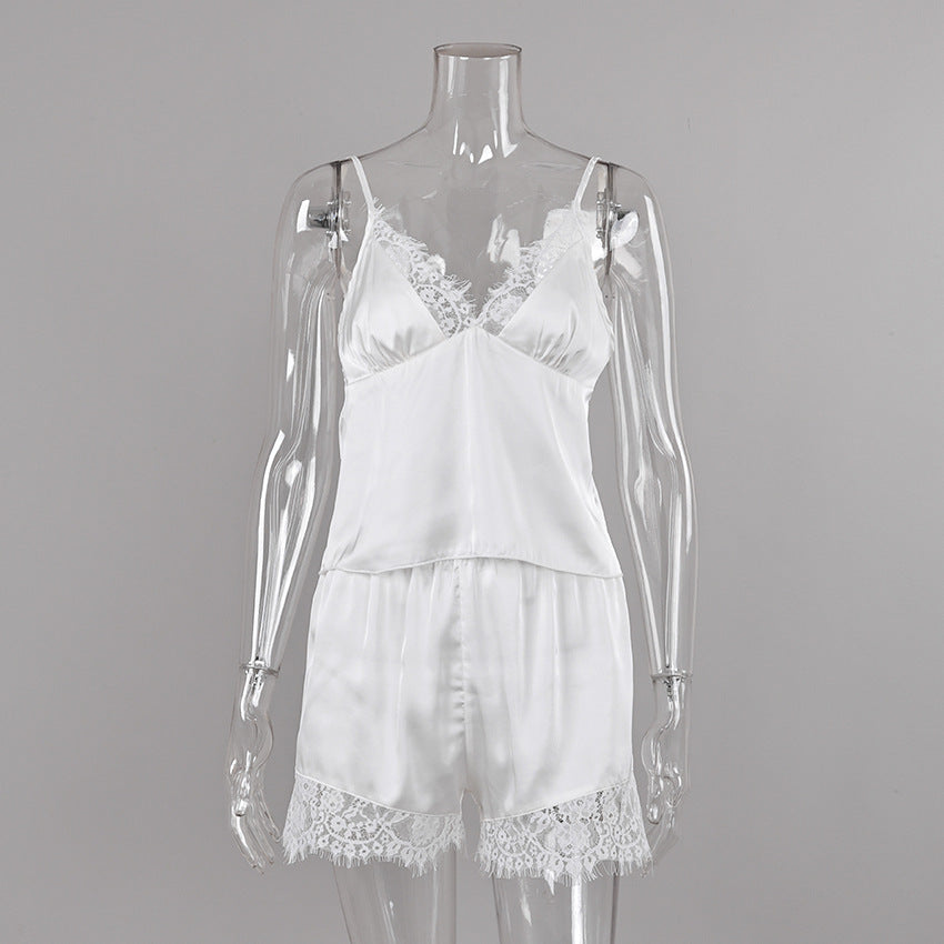 Women Pajamas Satin Stitching Lace Suspender Shorts Two Piece Set Summer Loungewear