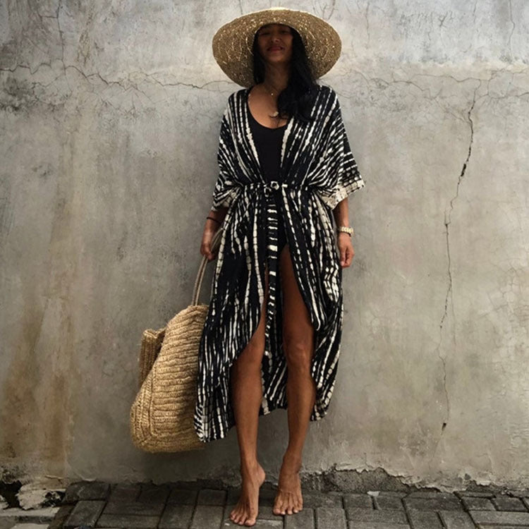 Rayon Printed Beach Cover-up Sexy Cardigan Belt Sun Protection Shirt Beach Cover Up Bella Mia