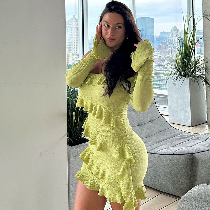 Autumn off Shoulder Ruffled Bell Sleeve Ribbon Dress Bella Mia