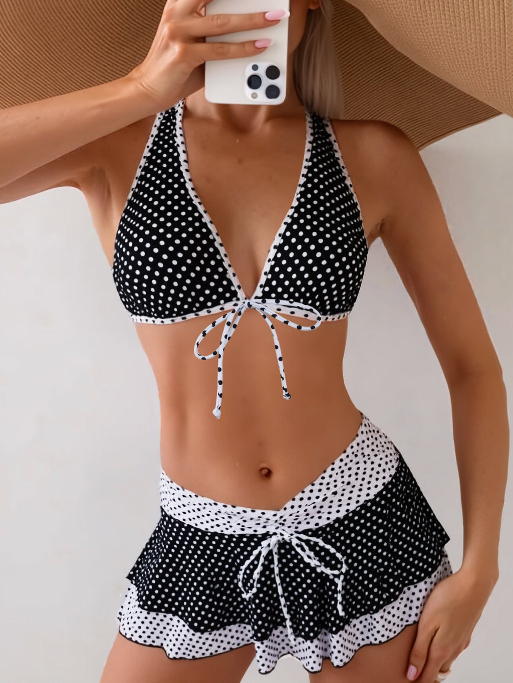 Bikini Polka Dot Printed Lace up Sexy Belt Overskirt Vacation Swimsuit Three Piece Set for Women Bella Mia