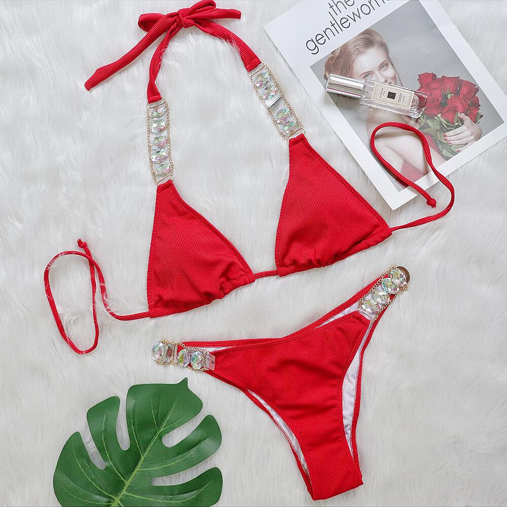 Bikini Plain Women Split Strap Luxury Diamond Swimsuit Sexy Metal Chain Accessories Swimwear Bella Mia