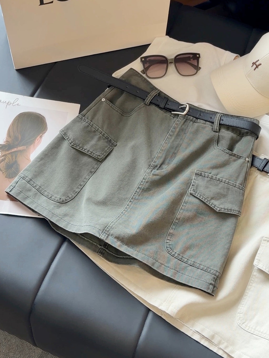 Workwear Denim Skirt Women Summer High Waist Slimming Multi Pocket Anti Exposure A line Skirt (No belt)