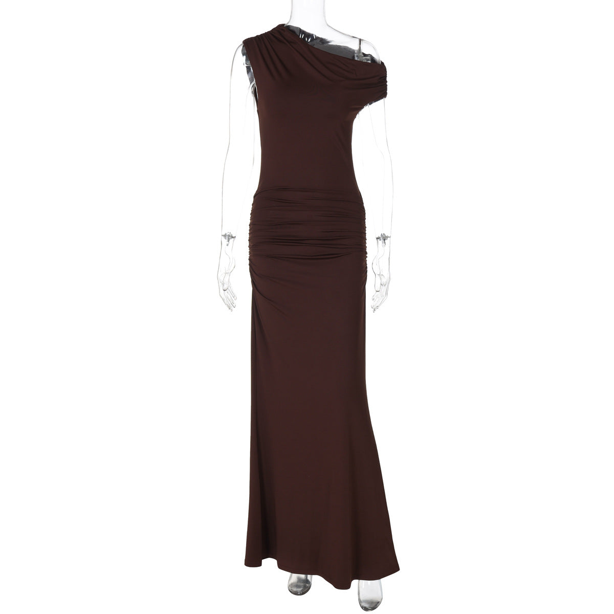 Women Clothing Summer Pleated Waist Tight Slimming Shoulder Hollow Out Cutout Sexy Solid Color Dress Bella Mia