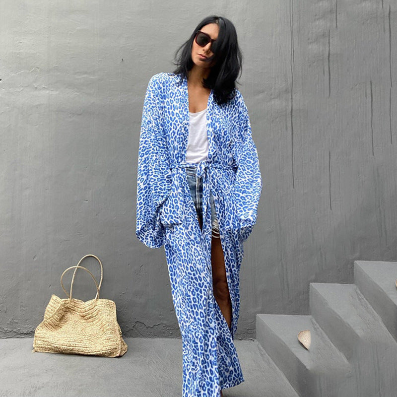 Leopard Print Long Cardigan Loose Beach Sun Protection Coat Beach Cover Up Swimsuit Outwear Women Bella Mia