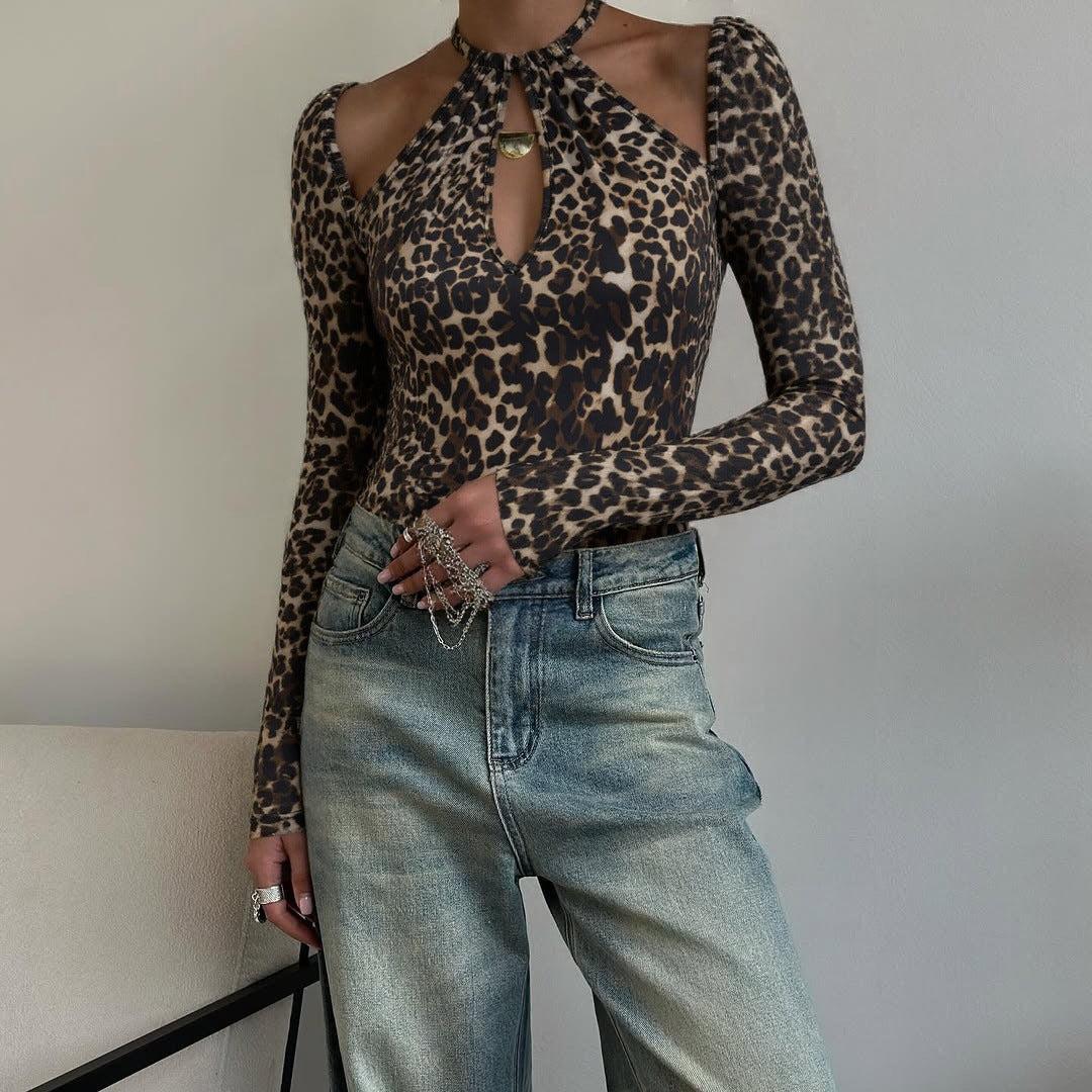 Women Clothing Autumn Sexy Vintage Leopard Print Halterneck Long Sleeved Sexy Top for Women Bella Mia