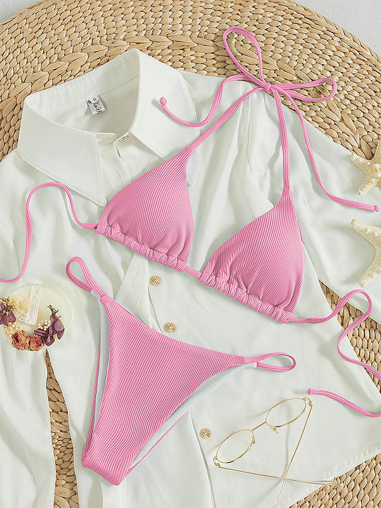 Printing Halter Spaghetti Straps Sexy Bikini Pleated Lace up Triangle Spring Split Swimsuit Bella Mia