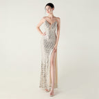 Bead Tube Sequin Spaghetti Strap High Slit Evening Dress Cross Tied Slim Fit Slimming Dinner Social Women Bella Mia
