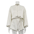 Women Clothing Summer High-Grade Stand Collar Long Sleeve Single Breasted Loose Lace up Jumpsuit