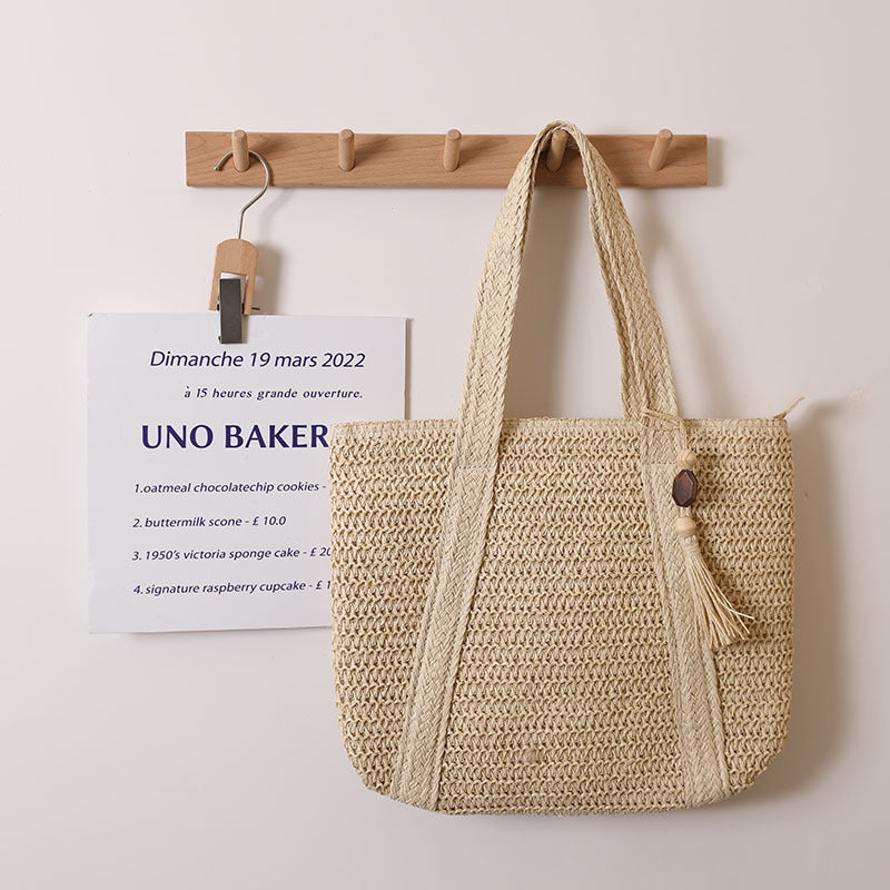 Women Solid Color Woven Bag Large Capacity Shoulder Straw Bag Vacation Beach Bag Women Bag Bella Mia