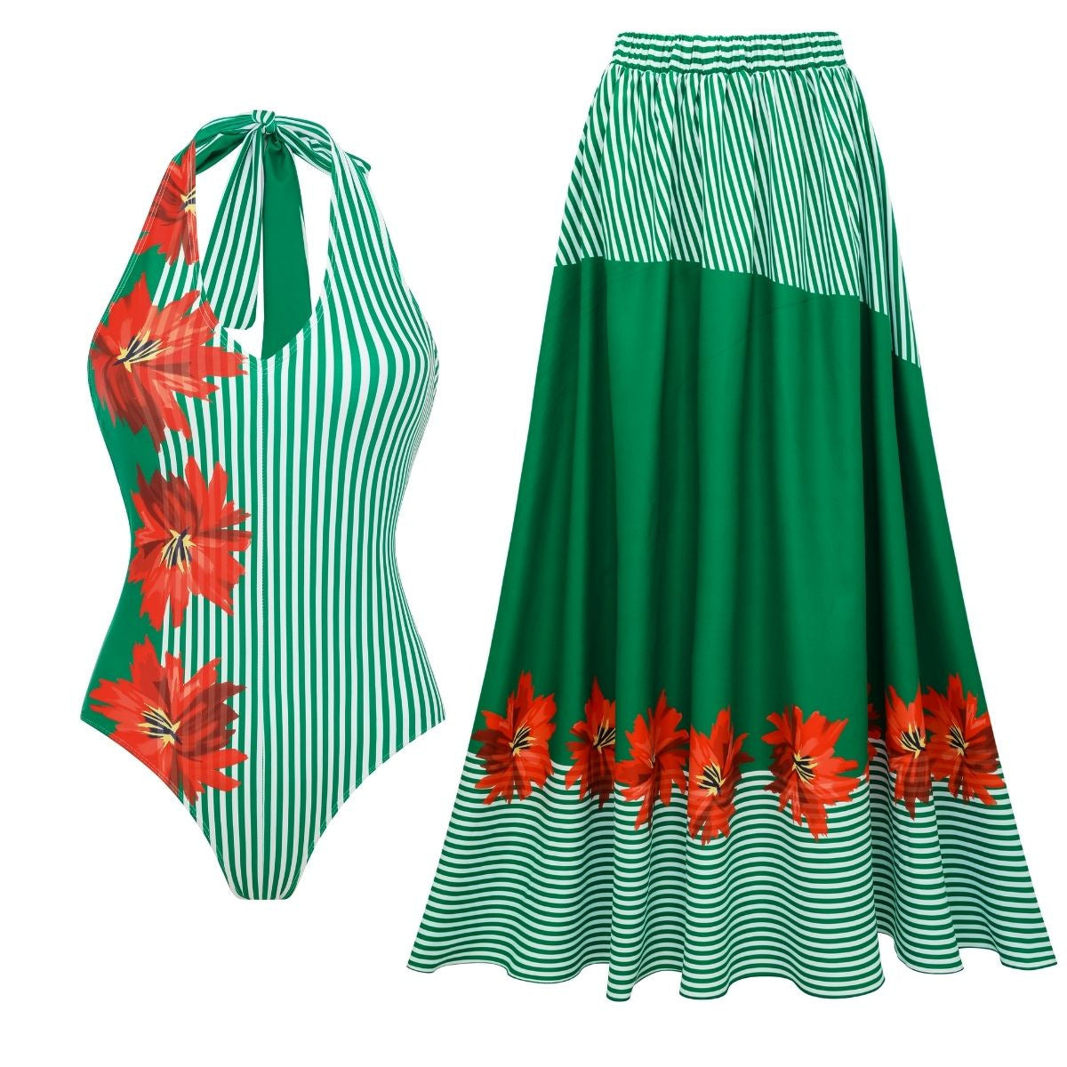 Swimsuit Green Striped Floral Stitching Swimsuit Women Tube Top Swimsuit Bella Mia
