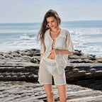 Beach Women Solid Color Knitted Beach Bikini Swimsuit Blouse Sun Proof Set Bella Mia