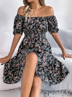 Spring Summer Floral Square Collar Short Sleeve Waist Controlled Ruffled A line Women Clothing Bella Mia