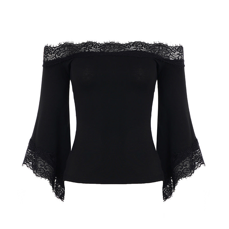 Sexy Lace Patchwork Flared Sleeves off Shoulder Top Women Elegant Solid Color T shirt