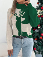 Fall Winter Contrast Color Deer Lantern Long Sleeve Turtleneck Pullover Women Christmas Bella Mia