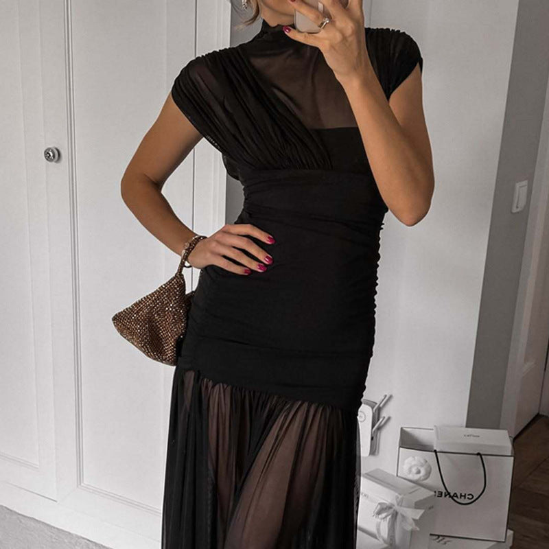 Sexy Socialite Tight Waist Close Fitting Stitching Gauzy Package Hip Maxi Dress for Women Bella Mia