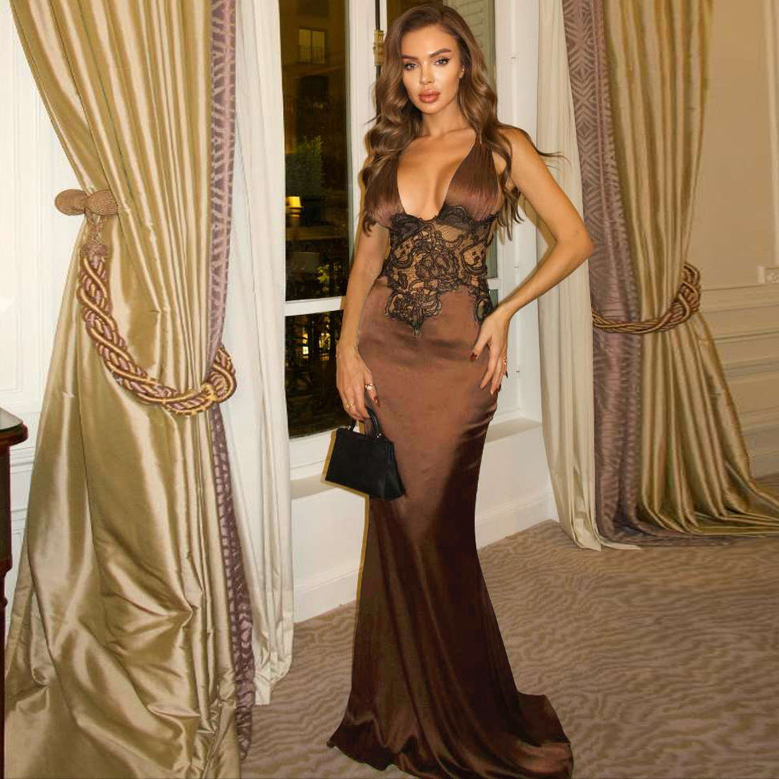 Autumn Winter Women Clothing Deep V Plunge neck Sexy Slim Fit Backless Elegant Dress Women Bella Mia