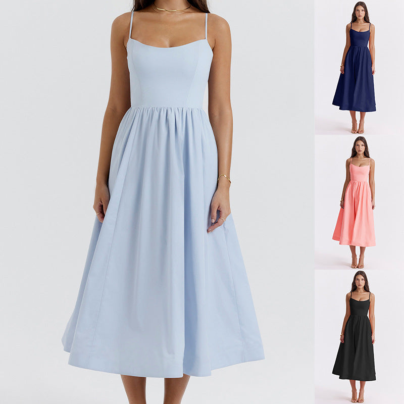 Women Clothing Solid Color Sexy Backless Spaghetti Straps Large Swing Dress Women Bella Mia