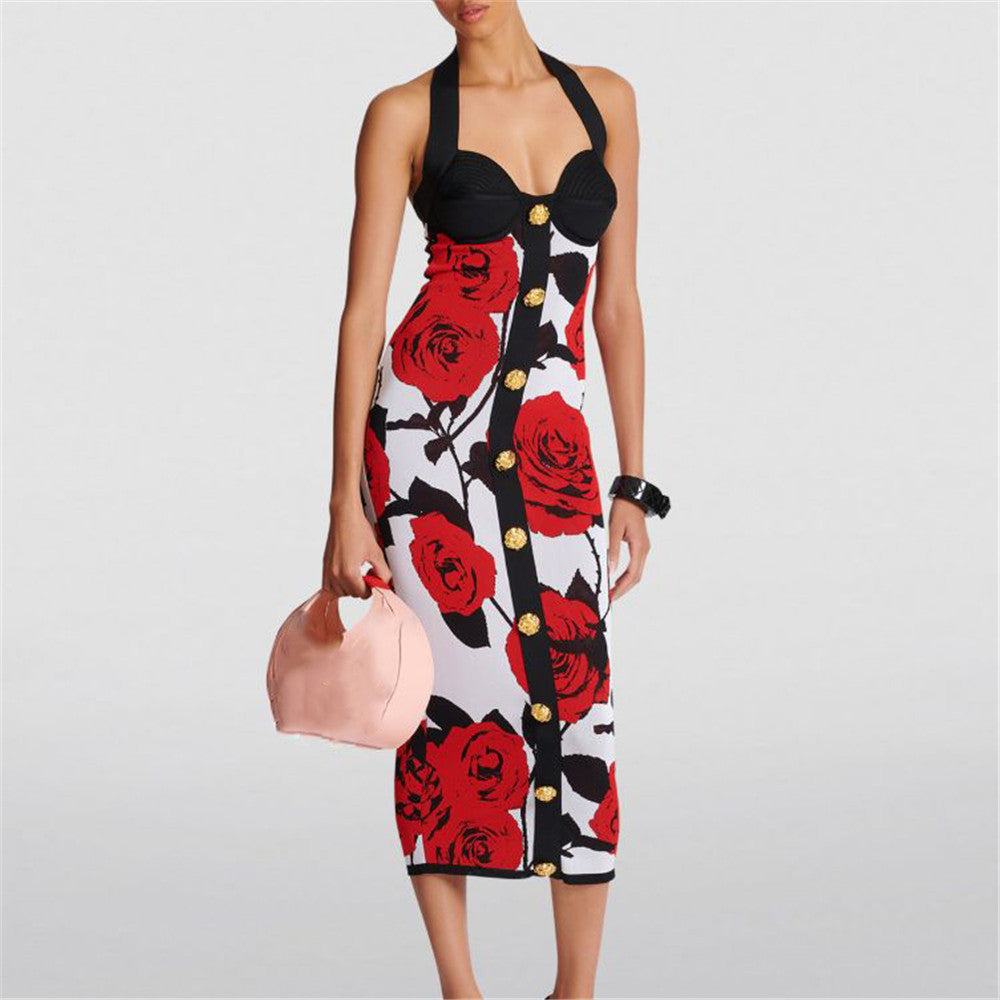 Classic Rose Jacquard Knitted Bandage Dress Sexy Halter Gold Buckle Stretch Dress Bella Mia