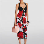 Classic Rose Jacquard Knitted Bandage Dress Sexy Halter Gold Buckle Stretch Dress Bella Mia