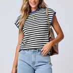 Women Clothing Summer round Neck Knitted Top Casual Striped Contrast Color Sweater Bella Mia