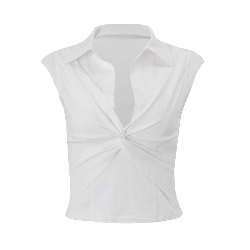 Women Clothing Summer Sexy Polo Collar Twisted Short Solid Color Cropped T shirt Top for Women Bella Mia