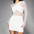Women Clothing Winter Solid Color Mesh Stitching Asymmetric Long Sleeve Narrow Slim Dress Bella Mia