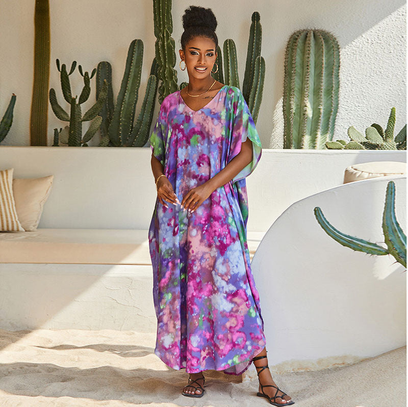 Rayon Purple Printed Beach Cover up Vacation Maxi Dress Robe Beach Cover Up Bella Mia