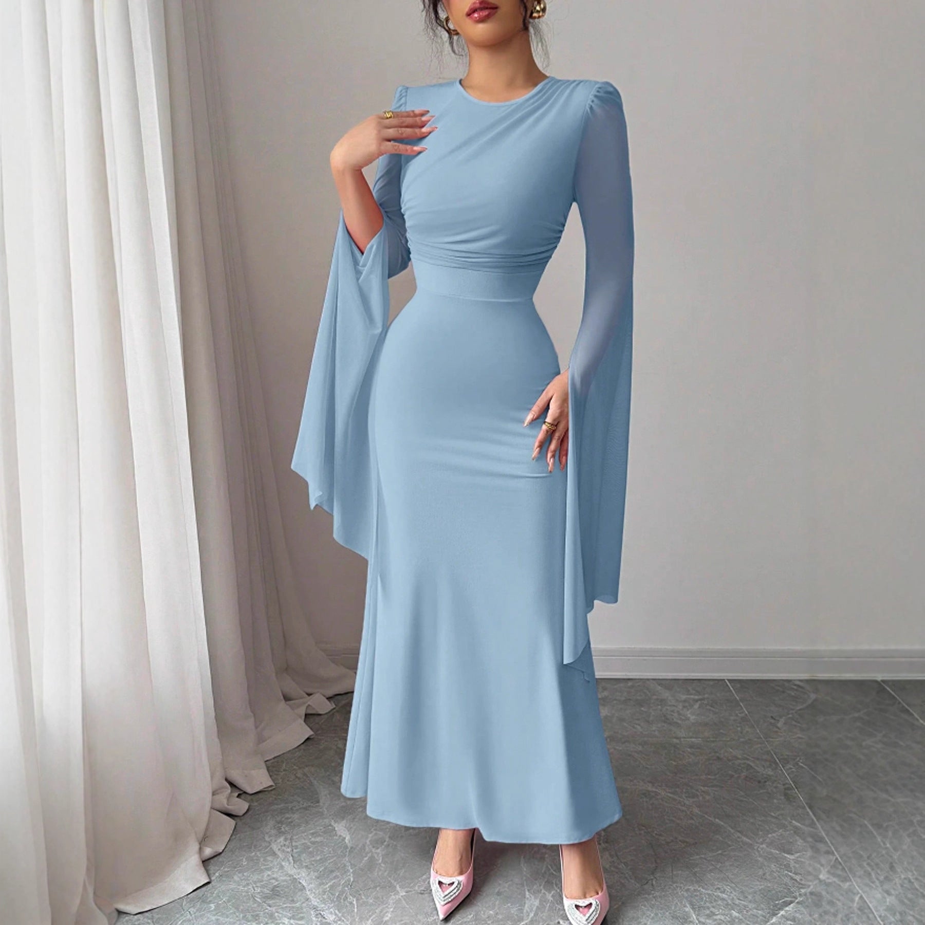 Spring Stitching Mesh Large Swing Sleeves Sexy Slim Fit Fishtail Dress Bella Mia