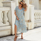 V neck Short Sleeve Hollow Out Cutout Lace Stitching Flounced Pastoral Vacation Dress Bella Mia